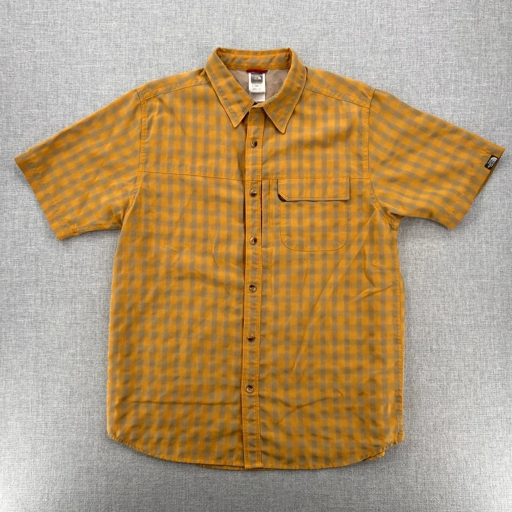 The North Face Gingham Button‎ Up Camp Shirt Men M Yellow Gray Outdoor Hiking